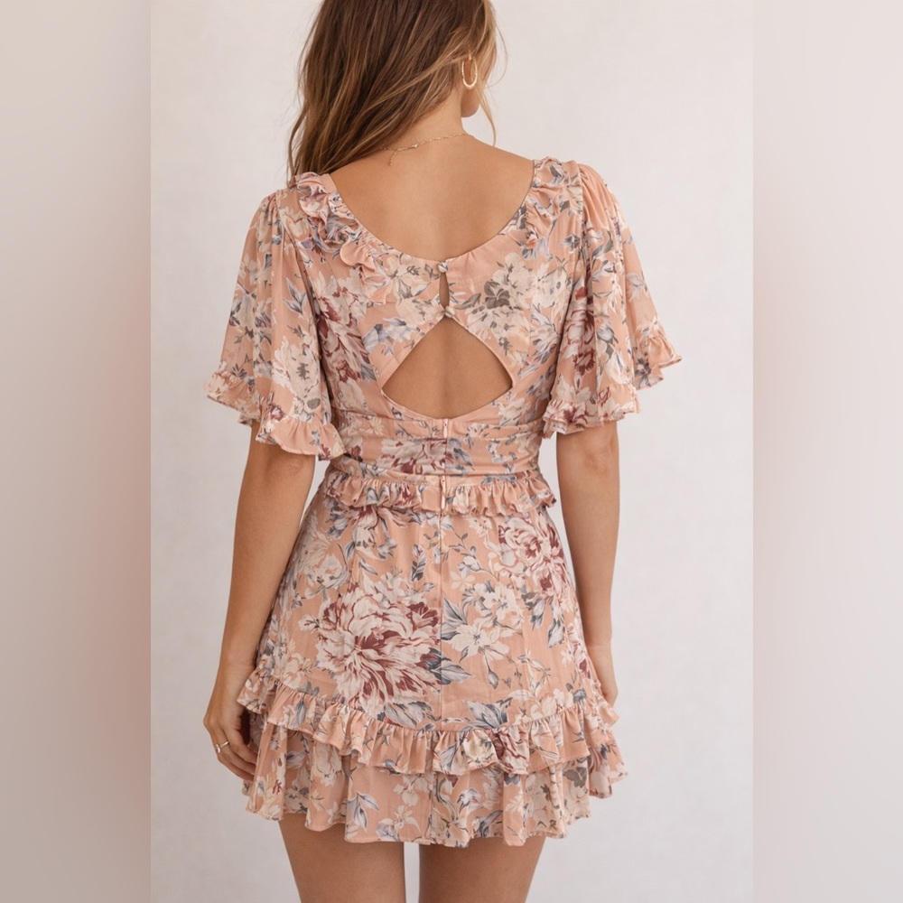 Angel Biba Peach Floral Ruffle Cutout Back Mini Dress Boho Festival NWT Size S - Picture 2 of 7